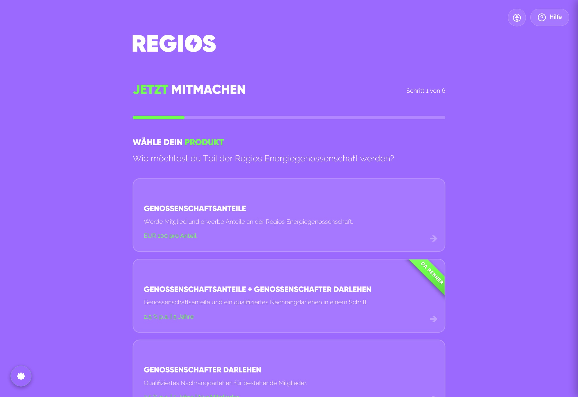 Der öffentliche Beitritts Wizard: wähle dein Produkt