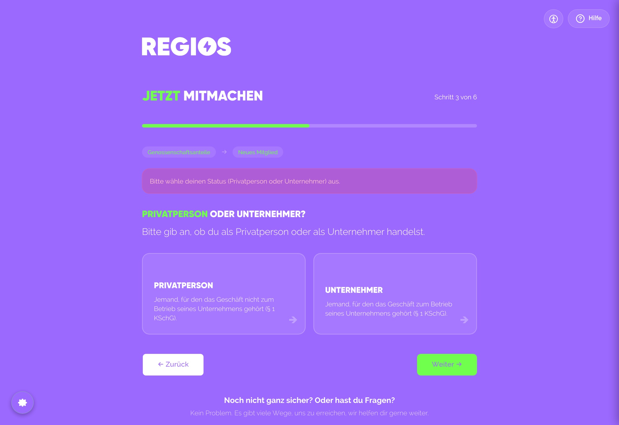 Privatperson oder Organisation, die rechtliche Unterscheidung übernimmt das System