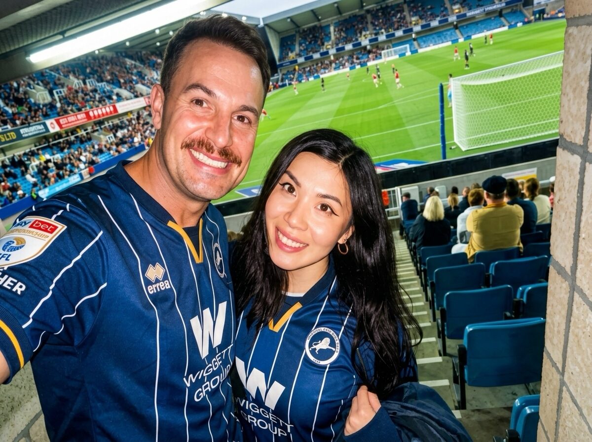 Georg and Poling in Millwall shirts at The Den